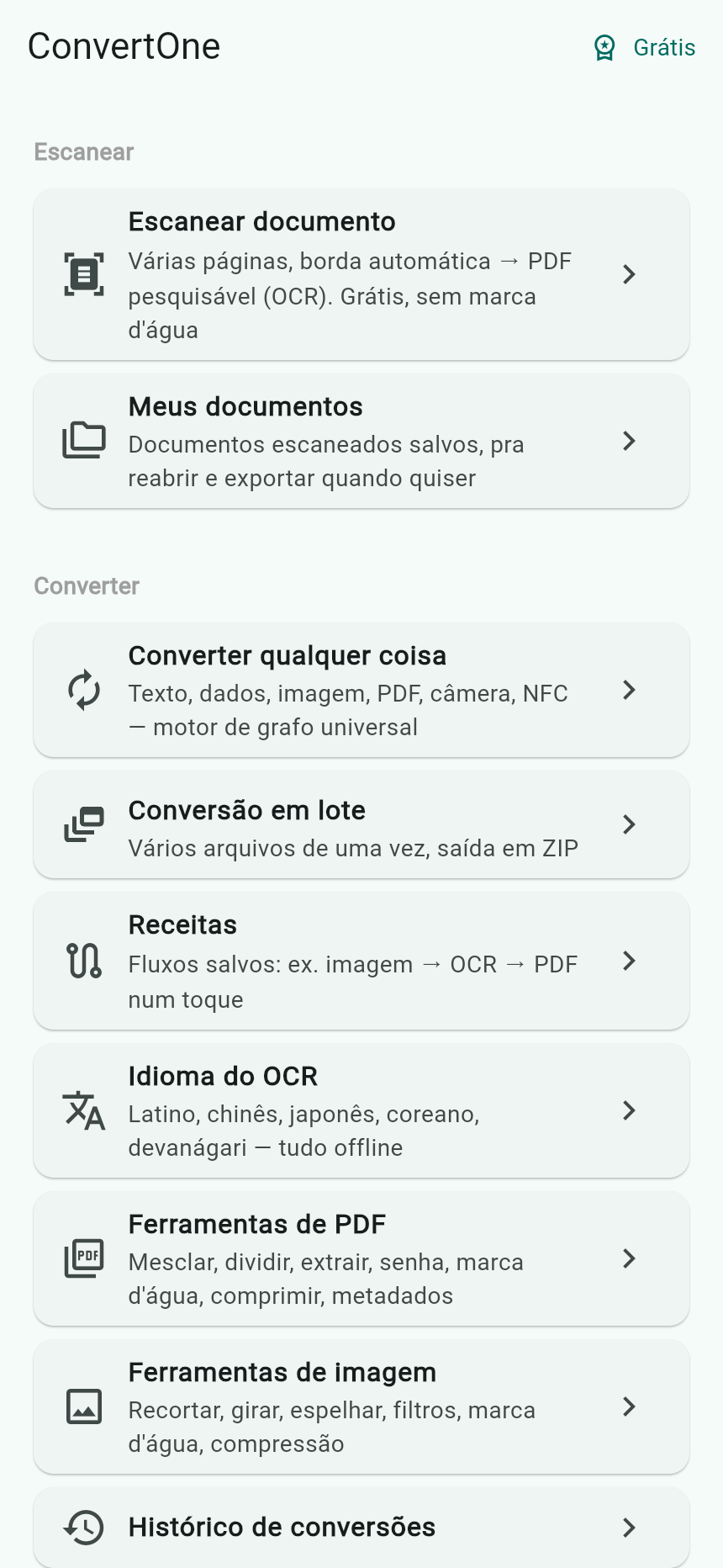 Tela inicial do ConvertOne mostrando as opções escanear, converter qualquer coisa, conversão em lote e receitas